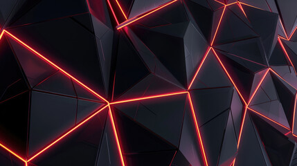 Luxurious black polygonal background with elegant neon red stripe accents