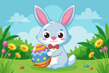 cartoon little rabbit holding easter egg in the grass  (2)