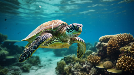 Naklejka na ściany i meble Closeup of a big green sea turtle