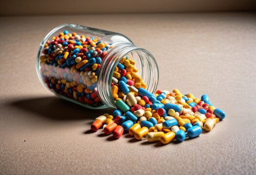 Colorful dietary pills spilled from a bottle – vibrant supplements, vitamin capsules, and mineral pills scattered by ai generated