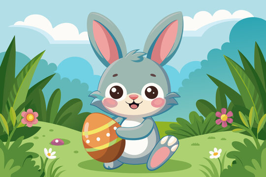 cartoon little rabbit holding easter egg in the grass  (2)