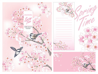 따뜻한 봄 날에 벚꽃이 활짝 핀 벚나무 가지에 앉아 있는 새들. 벡터 일러스트레이션 템플릿 세트				
 - obrazy, fototapety, plakaty