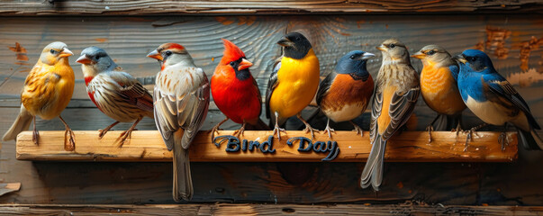 Bird Day commemoration with vibrant birds perched on a wooden sign amidst blooming flowers, celebrating avian beauty and the onset of spring in a natural setting