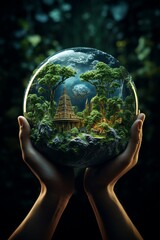 Planet Earth cradled in human hands lush forests and clean rivers