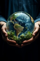 Planet Earth cradled in human hands lush forests and clean rivers