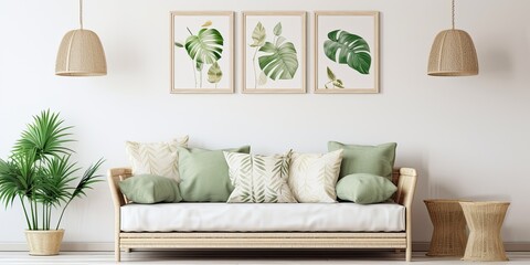 Framed tropical leaves and pastel lamps hanging above green wooden sofa, white cupboard and wicker basket with pillows.