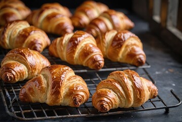 Golden brown croissants cool on a metal rack, set against a bakery backdrop showcasing fresh baked goods by ai generated