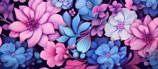 Floral seamless pattern with blooming flowers and leaves in blue and pink colors