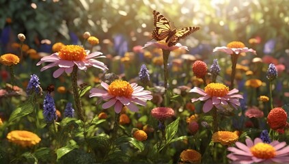 Pollinator garden with plenty of flowers in the morning sun after the rain, butterflies, bees, hyper realistic, detailed, 8k, sharp