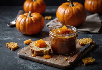 pumpkin jam showcased on a grey background, ready to add a sweet touch to any meal by ai generated