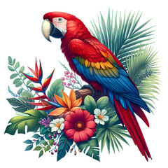 Scarlet Macaw bird with tropical plants and flowers