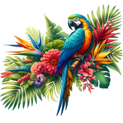 Obraz premium Blue and Yellow Macaw bird with tropical plants and flowers 