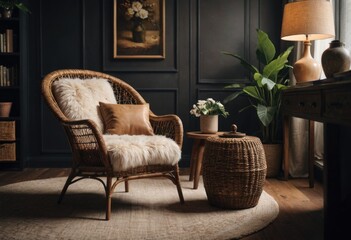 Stylish modern living room adorned with wicker armchair, table, and chic bag by ai generated