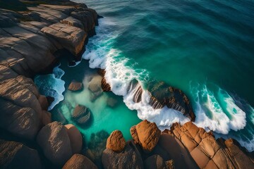 Spectacular drone photo, top view of seascape ocean wave crashing rocky cliff with sunset at the horizon as background. Beautiful coastal scenic landscape with turquoise water beating rocky boulder - obrazy, fototapety, plakaty