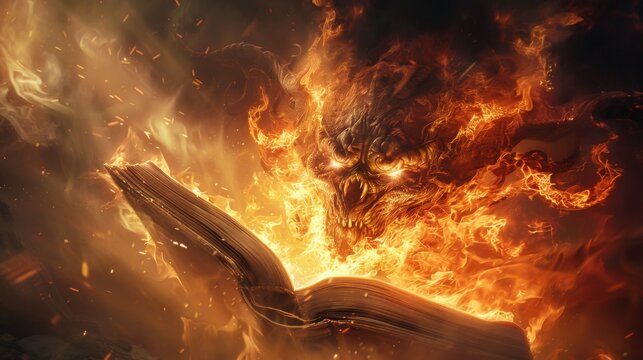 A visual representation of the malevolent spirit of Satan being unleashed from the pages of an ancient tome