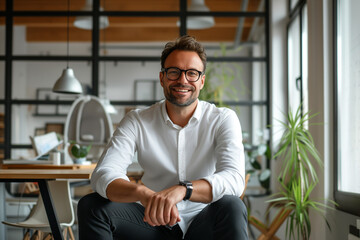 Obraz premium Portrait of a smiling businessman sitting inside minimal workplace, professional confident looking young man seated in office, Business man working in modern office room, The CEO sits in office chair