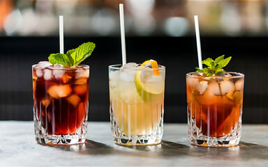 A full measure of bars cocktail drinks served in glasses with straws iced drinks in cocktail glasses alcoholic mixed drinks with ice juicy beverages with alcohol on counter alcohol addiction