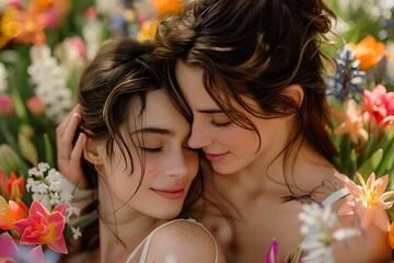 Naklejka premium a couple of beautiful girls on a background of spring flowers generated by AI