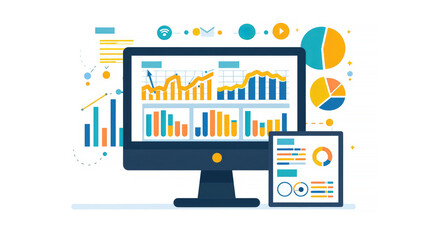 Illustration of data analysis and business metrics displayed on computer and tablet screens with vibrant graphics.
