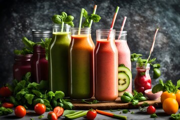 Natural vegetable fruit smoothie in a clear plastic bottle on a flat background with copy space. Freshly squeezed natural juices with fresh vegetables, fruits and herbs.