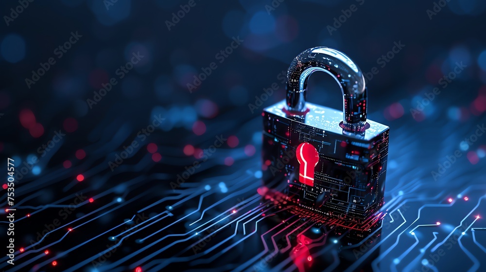 Poster cyber security padlock symbolizes the protection and safeguarding of digital assets and information 