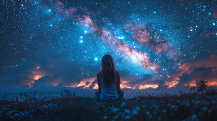 Fototapeta na wymiar A woman sits on the grass at night and looks at the starry sky