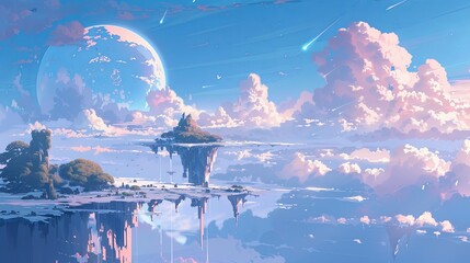 Sci-Fi Landscape with Giant Moon and Floating Islands
 A science fiction-inspired digital artwork featuring a colossal moon looming over serene floating islands amidst a tranquil cloud-filled sky.

