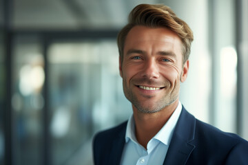 Fototapeta premium Portrait of a smiling handsome businessman, professional and confident looking man in suit at office, Successful matured businessman looking at camera, positive looking office manager wearing a jacket