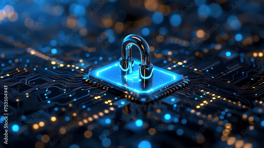 Poster cyber security padlock symbolizes the protection and safeguarding of digital assets and information 