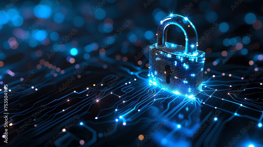 Poster cyber security padlock symbolizes the protection and safeguarding of digital assets and information 