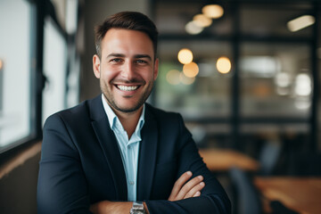 Portrait of a smiling handsome businessman, professional and confident looking man in suit at office, Successful matured businessman looking at camera, positive looking office manager wearing a jacket