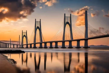 Fotobehang Vasco da Gamabrug Vasco Da Gama bridge over Tagus River against sky during sunset
