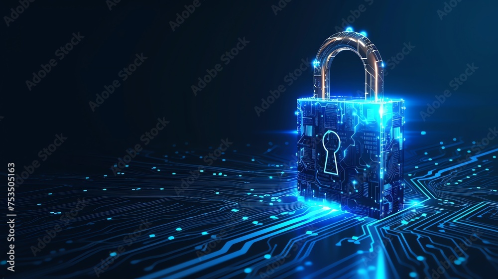 Poster cyber security padlock symbolizes the protection and safeguarding of digital assets and information 