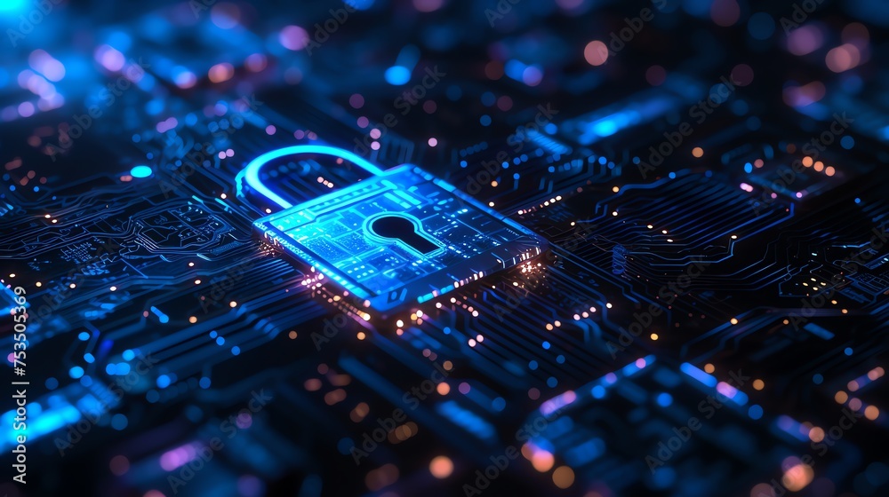 Poster cyber security padlock symbolizes the protection and safeguarding of digital assets and information 