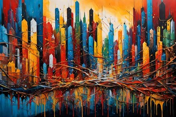 An abstract painting of a cityscape with vibrant paint drips depicting the energy and movement of...