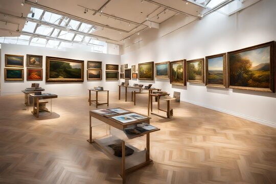 an art gallery with a large display of paintings