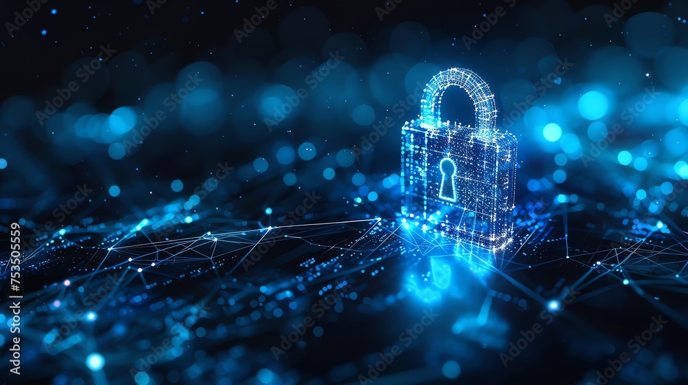 Poster cyber security padlock symbolizes the protection and safeguarding of digital assets and information against unauthorized access, cyber threats, and malicious activities
