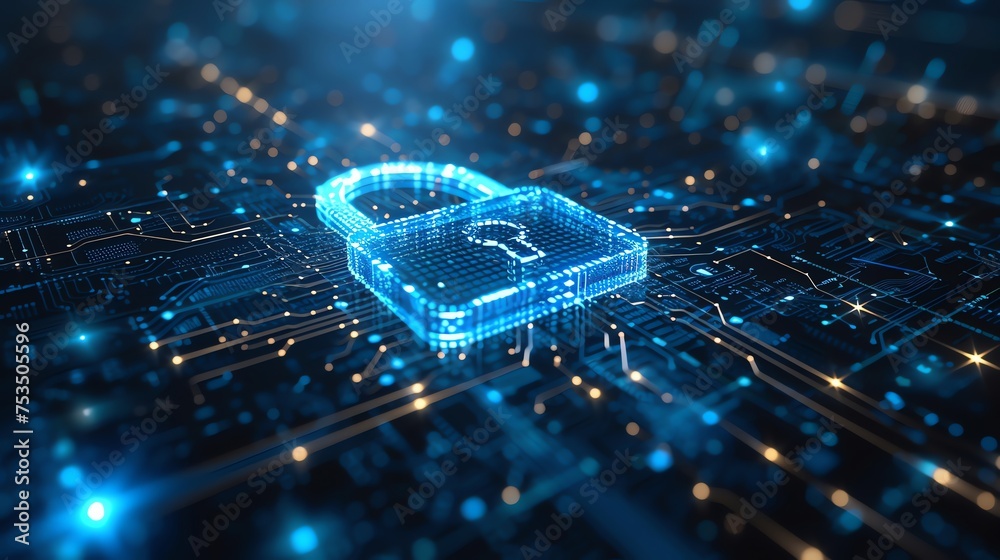 Poster cyber security padlock symbolizes the protection and safeguarding of digital assets and information 