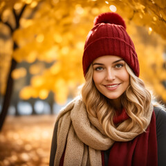 A woman wearing a red hat and a scarf is smiling. The image has a warm and cheerful mood