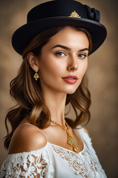 A woman wearing a black hat and gold jewelry poses for a photo. The image has a vintage feel to it, with the woman's long hair and the hat adding to the overall aesthetic