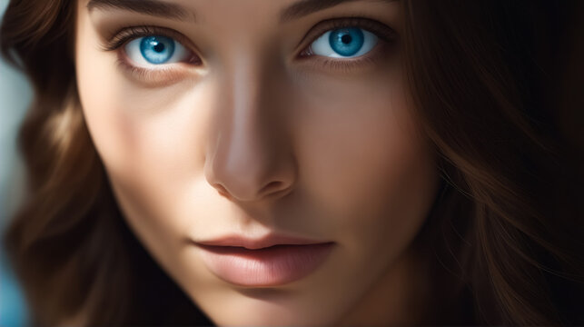 A woman with blue eyes and a long dark hair. She has a very nice smile. The image is of a woman with a beautiful face