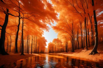 Color landscape paintings featuring warm orange hues in autumn, created using ink watercolors, Generative AI