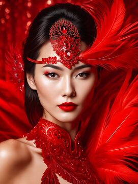 A woman wearing a red headpiece and red feathers. The image has a bold and vibrant feel to it