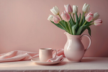 Fototapeta na wymiar The image was created using artificial intelligence. A delicate bouquet of white and pink tulips by the window. Pastel colors. The concept of International Women's Day on March 8. 