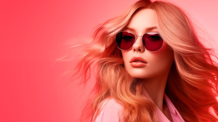 Beautiful young woman with flying long hair in sunglasses on pink background.
