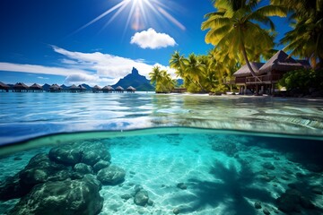 Fototapeta na wymiar Tropical island with palm trees and rock in the water A peaceful and tranquil lagoon in Bora Bora French Polynesia AI Generated 