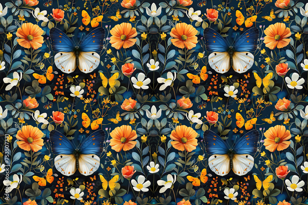 Wall mural seamless pattern with colorful butterfly and flowers on black background for fabric and tablecloth