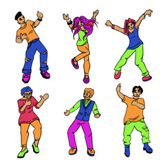 Happy dancing people. Excited student characters, happy teenagers and joyfulman and women Set of isolated vector illustrations. Dancing human pack in cartoon style