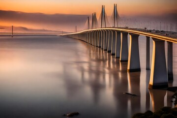 Vasco Da Gama bridge over Tagus River against sky during sunset