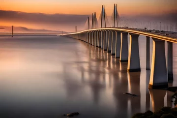 Zelfklevend behang Vasco da Gamabrug Vasco Da Gama bridge over Tagus River against sky during sunset